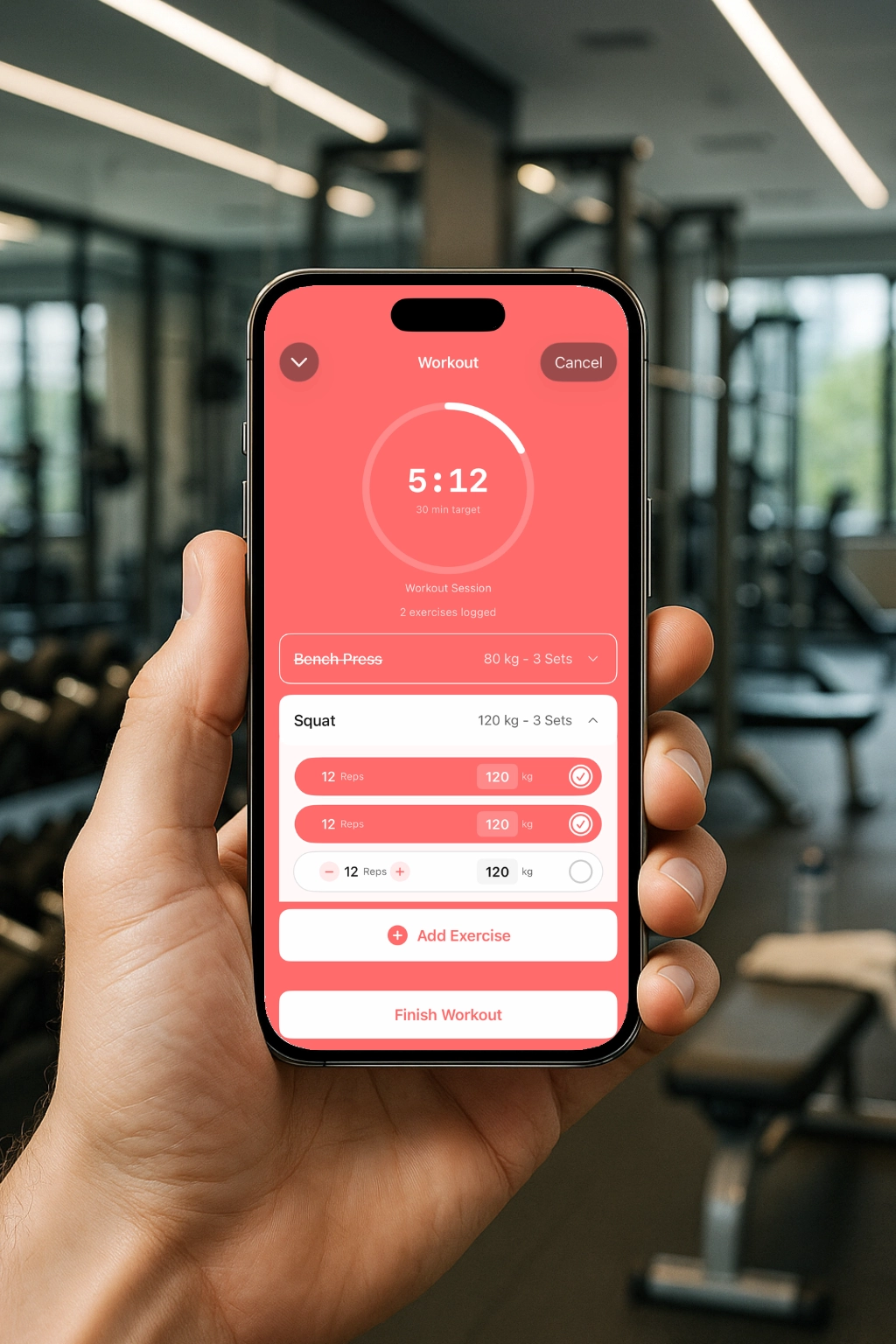 App-skærm: Workout-tracker med timer og øvelseslog