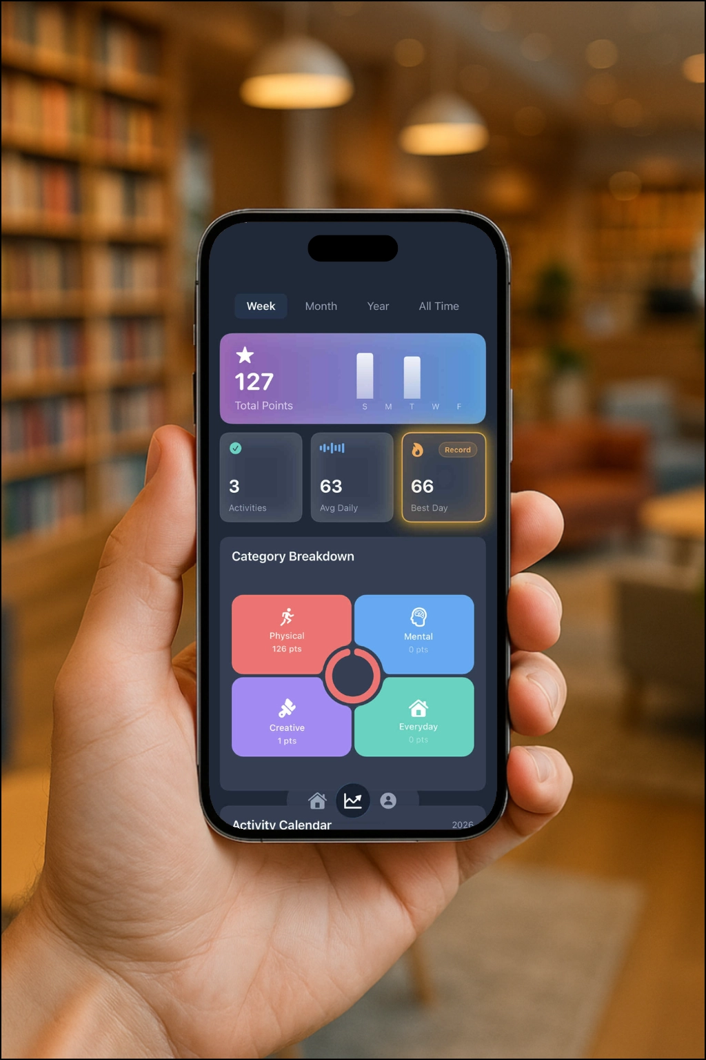 App-skærm: Bibliotekstracker med kategoristatistik