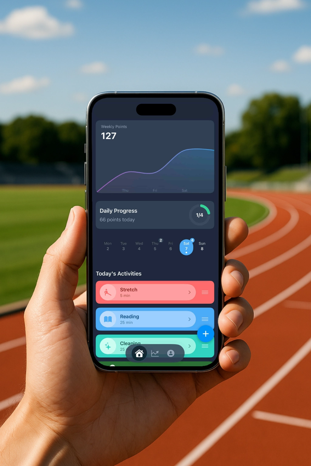 App-skærm: Daglig fremskridtstracker med aktivitetsoverblik