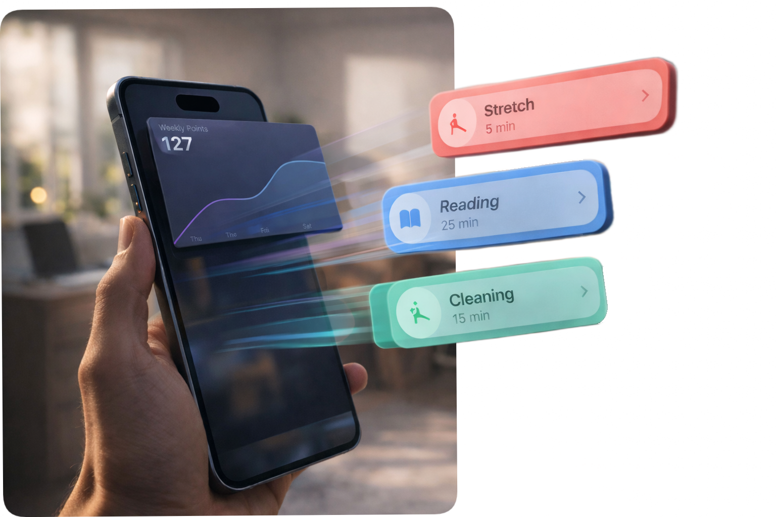 App-showcase: telefon med aktivitetskort der springer ud fra skærmen